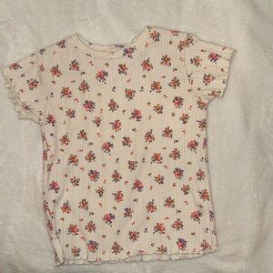Zara Cream Short Sleeve Ribbed Top with Pink, Orange & Purple Floral Print